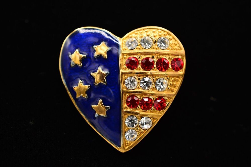 Vintage Heart Flag Pin Brooch Rhinestone Crystal American USA K Signed BinAL